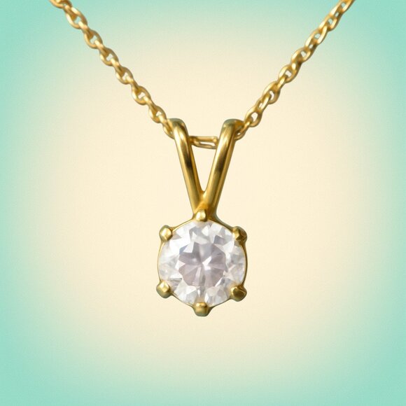 Vintage Jewelry - Minimalist Dainty Gold Tone Solitaire Pendant Clear Stone Unbranded